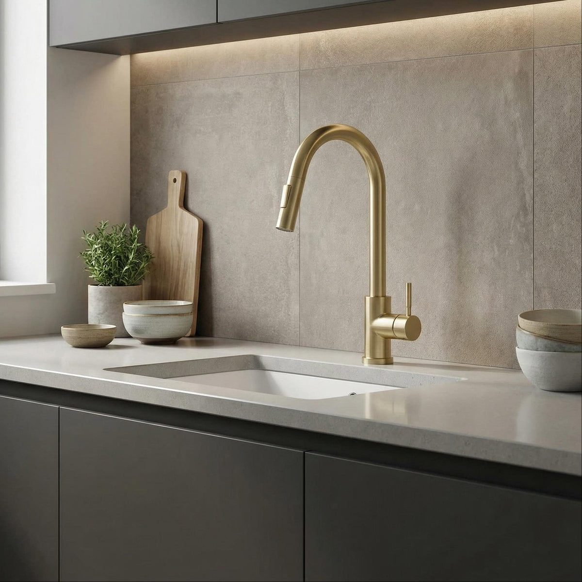 Mitigeur de cuisine avec douchette en or brossé
