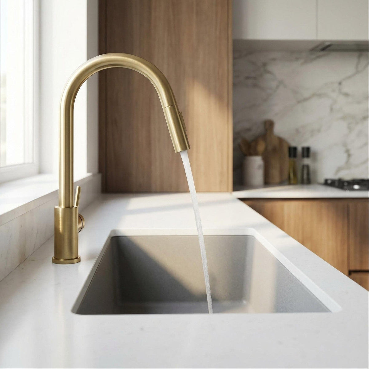 Mitigeur de cuisine avec douchette en or brossé