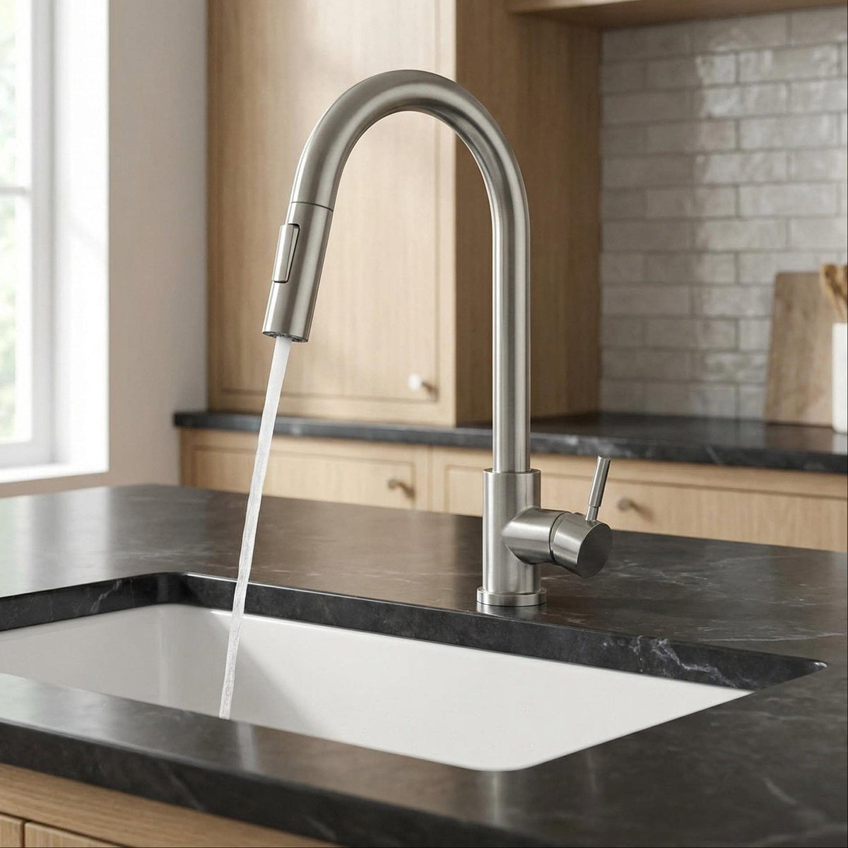 Mitigeur de cuisine avec douchette gris brossé