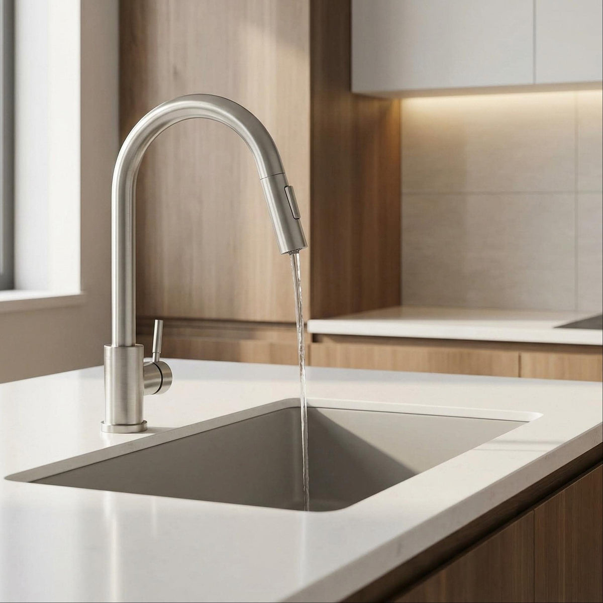 Mitigeur de cuisine avec douchette gris brossé