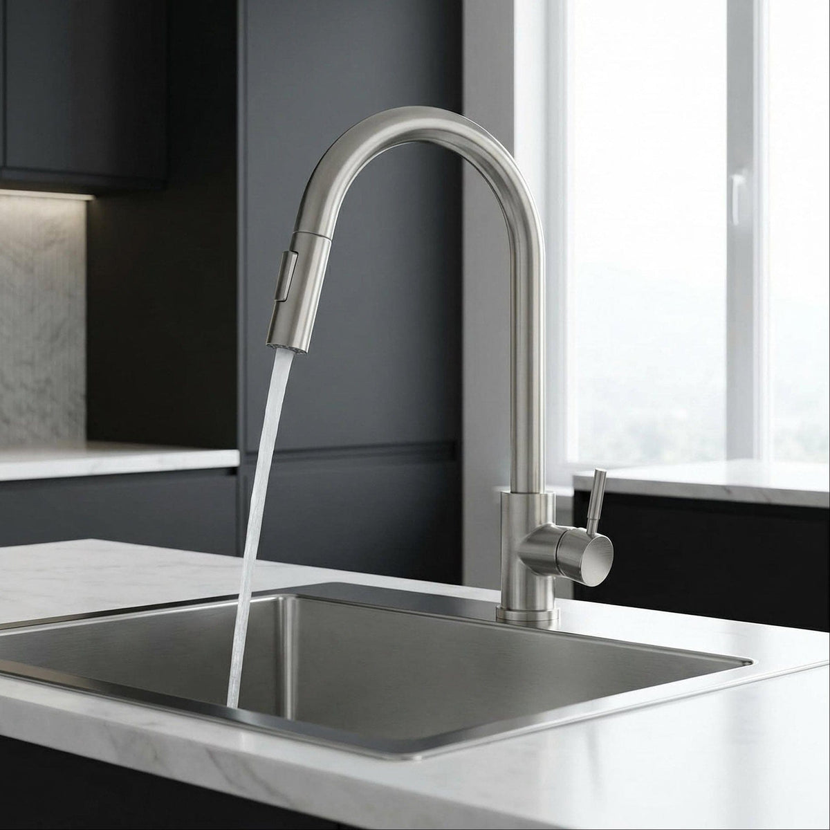 Mitigeur de cuisine avec douchette gris brossé