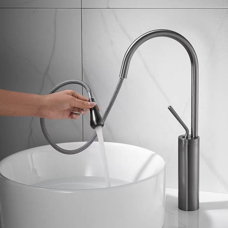 Mitigeur de lavabo avec douchette extractible gris brossé