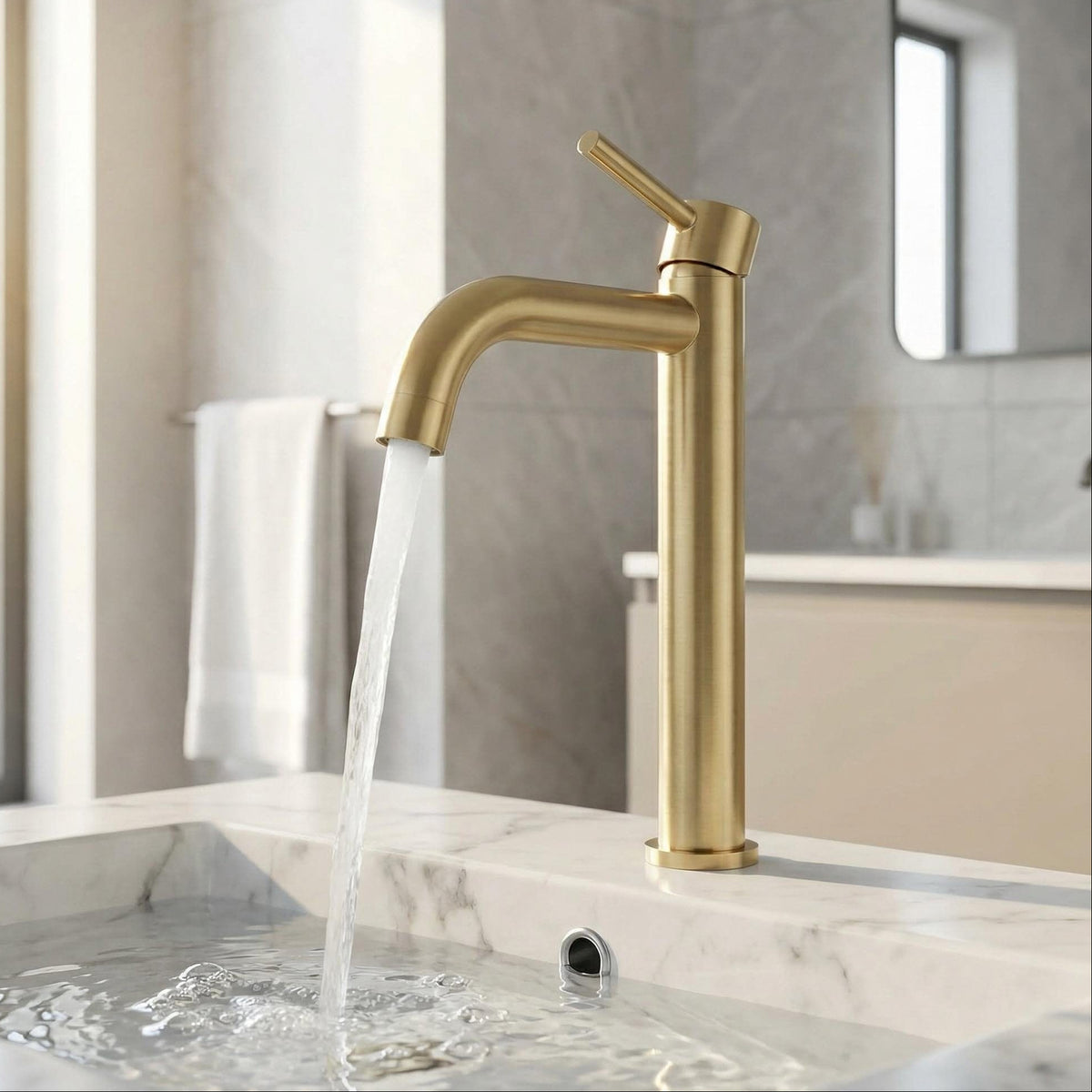 Mitigeur haut de lavabo en or brossé