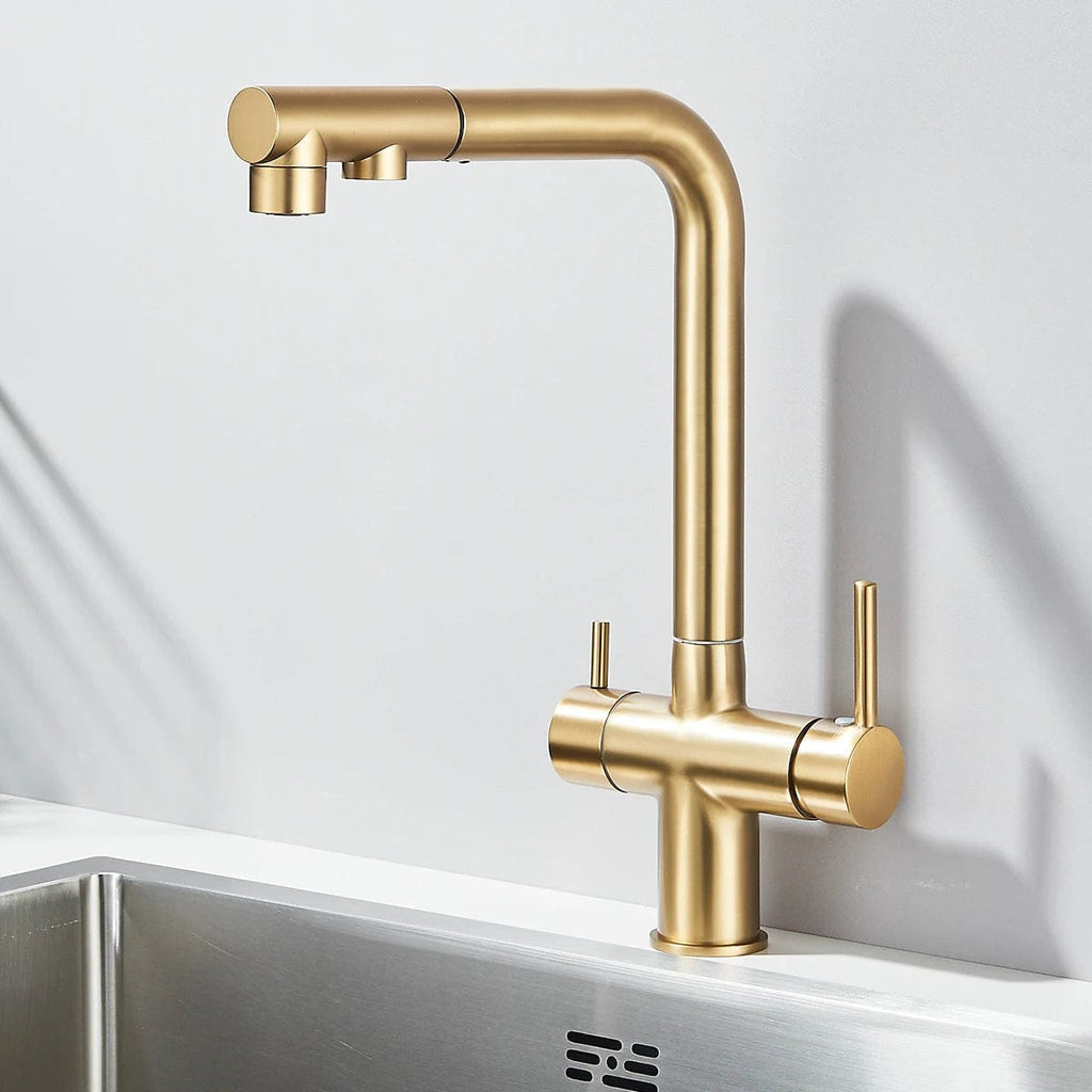 Robinet de cuisine avec douchette extractible or brossé