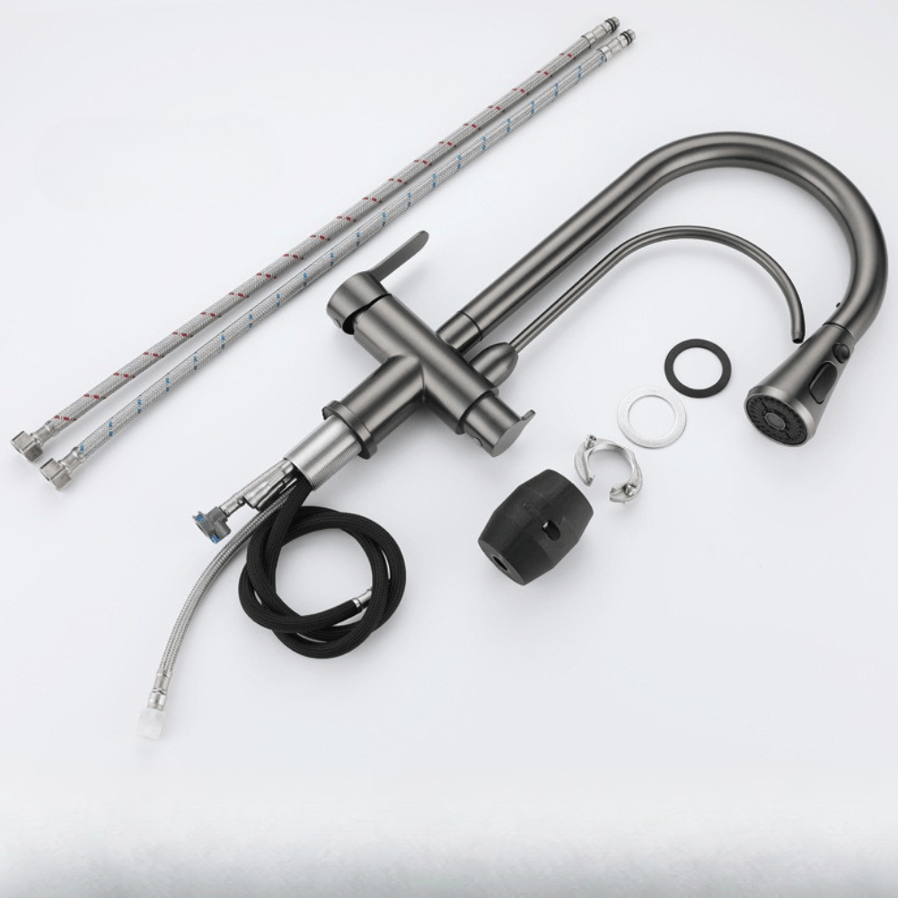 Robinet de cuisine avec douchette gris brossé