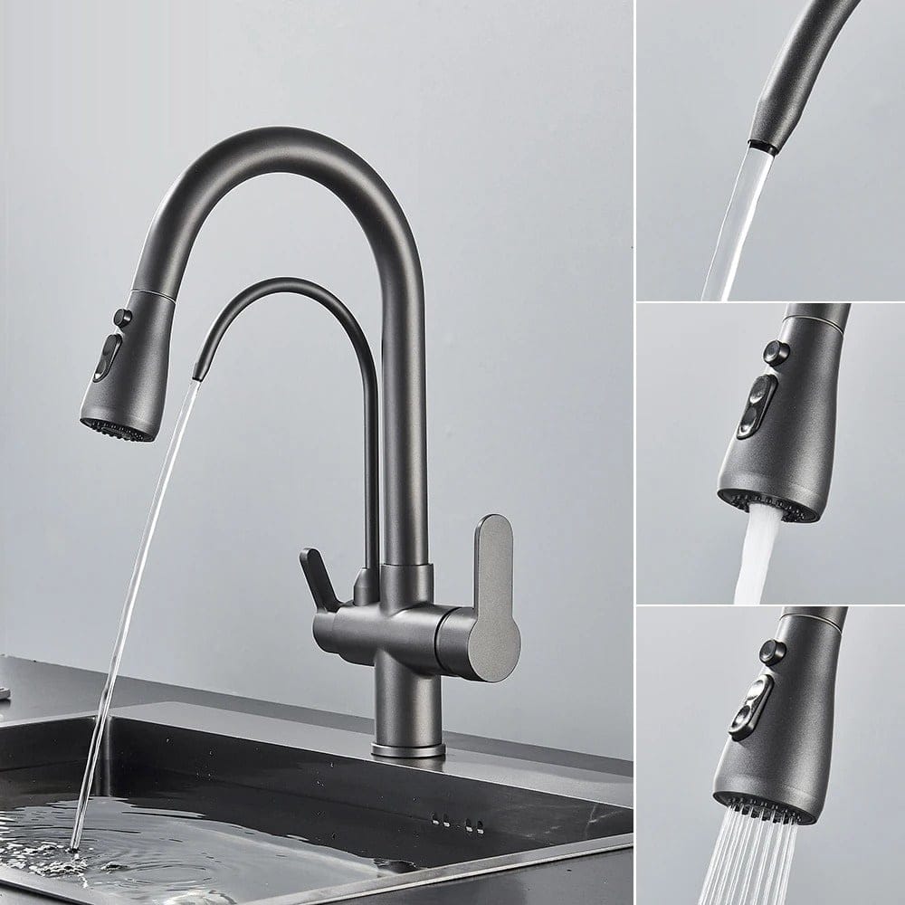 Robinet de cuisine avec douchette gris brossé