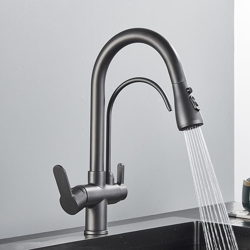 Robinet de cuisine avec douchette gris brossé